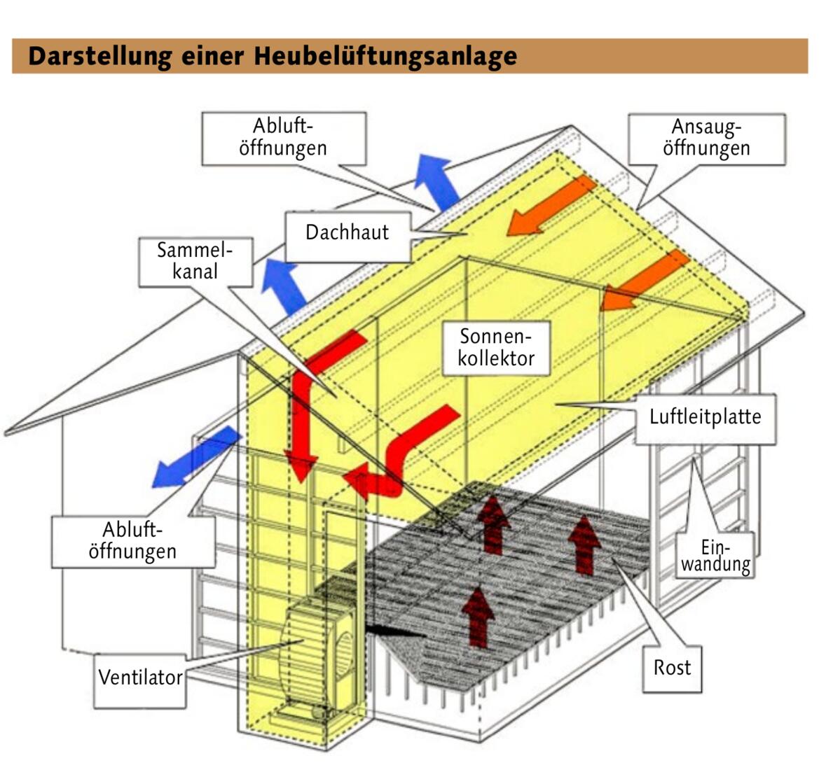 Luftzirkulation einer Heubelüftungsanlage mit im Dach integriertem Sonnenkollektor.