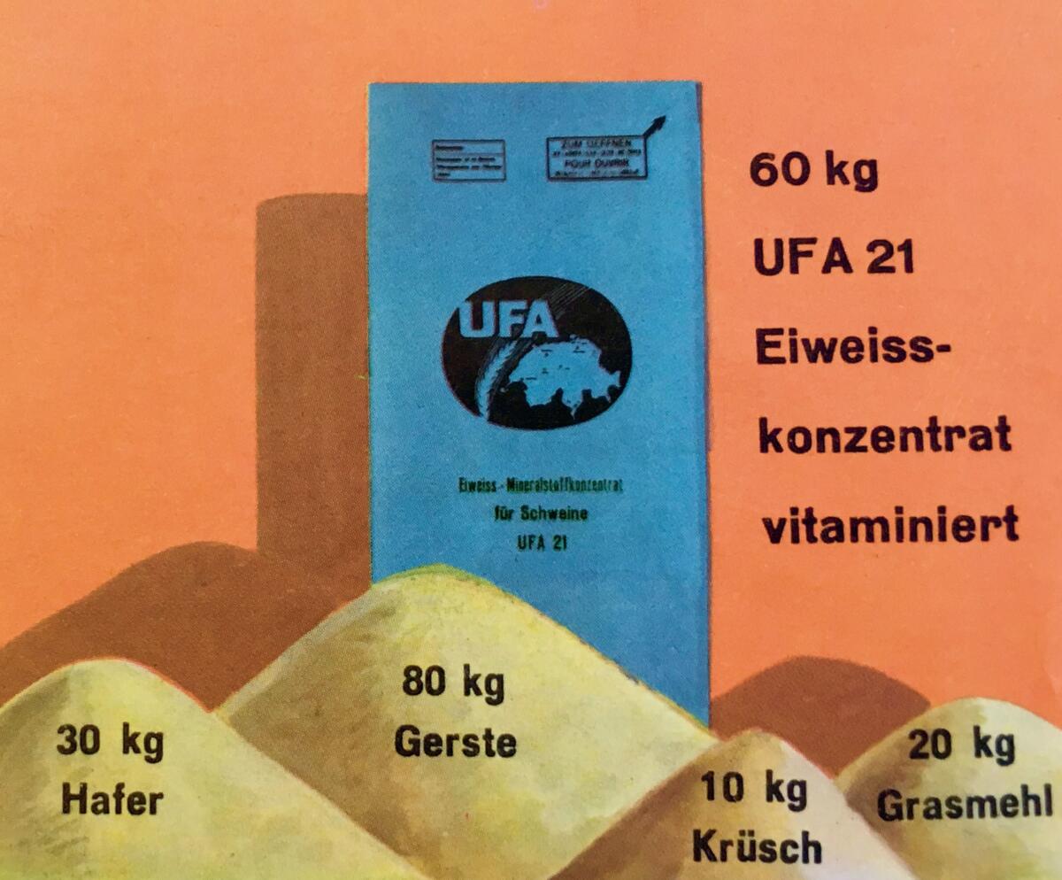 Bild aus einem UFA-Ratgeber von 1965: Aus Rationalisierungsgründen wurden Hofmischungen ab 1980 mehrheitlich durch optimierte Alleinfutter abgelöst.