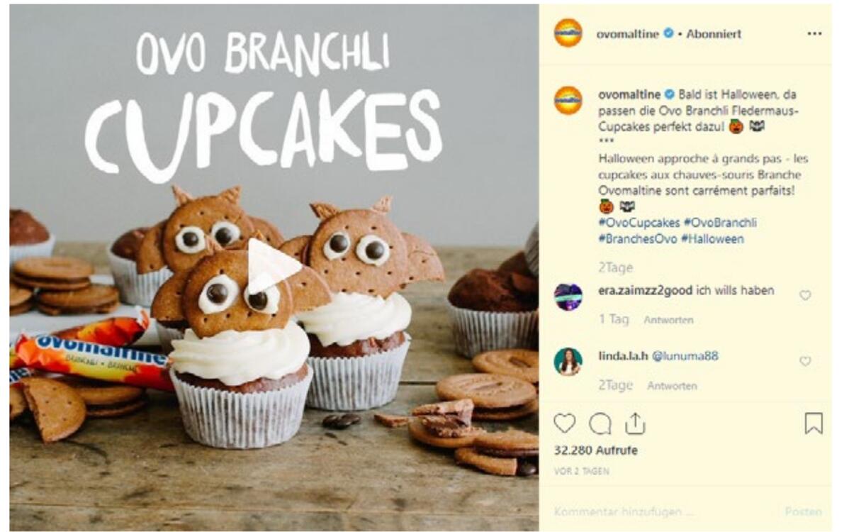 Un sujet apprécié d'Ovomaltine: les vidéos de recettes sur Instagram. Les intérêts des utilisateurs et de l'enteprise se combinent idéalement.