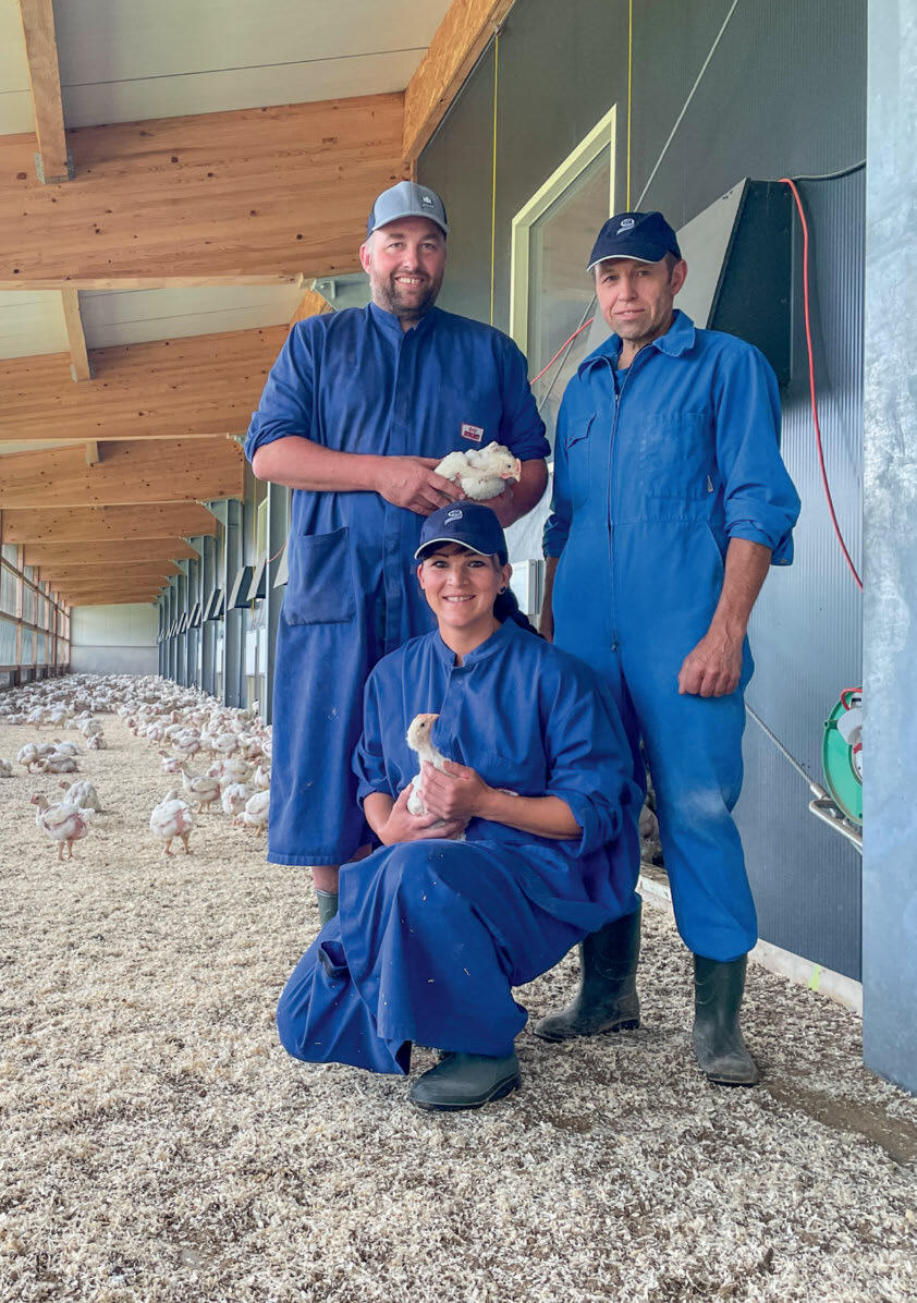 Depuis 2016, Fritz Bruni (à droite) ainsi qu’Adrian et Christine Joss produisent des poulets dans leur halle avicole près d’Uetendorf (BE) selon le prog...