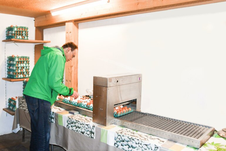 Adrian Burri beim Datieren der Eier