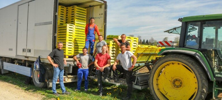 Le maraîcher Viktor Müller (à gauche) avec une partie de son équipe dynamique