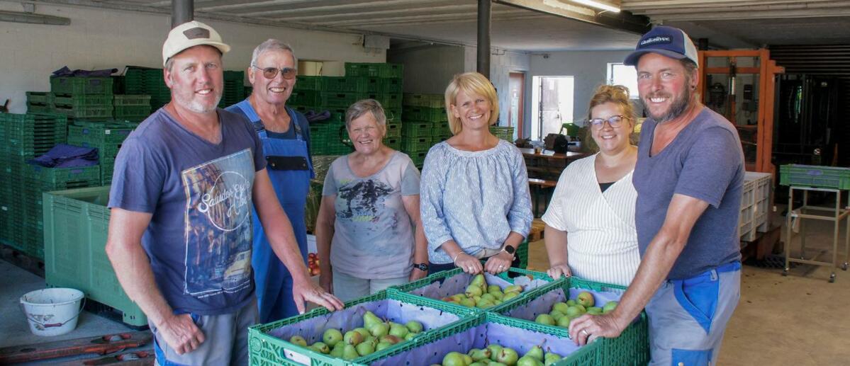 Jörg, Hansueli, Lisbeth et Astrid Weber, Jasmin Streit, Daniel Weber (de gauche à droite) misent sur la vente directe avec un large assortiment de fruit...