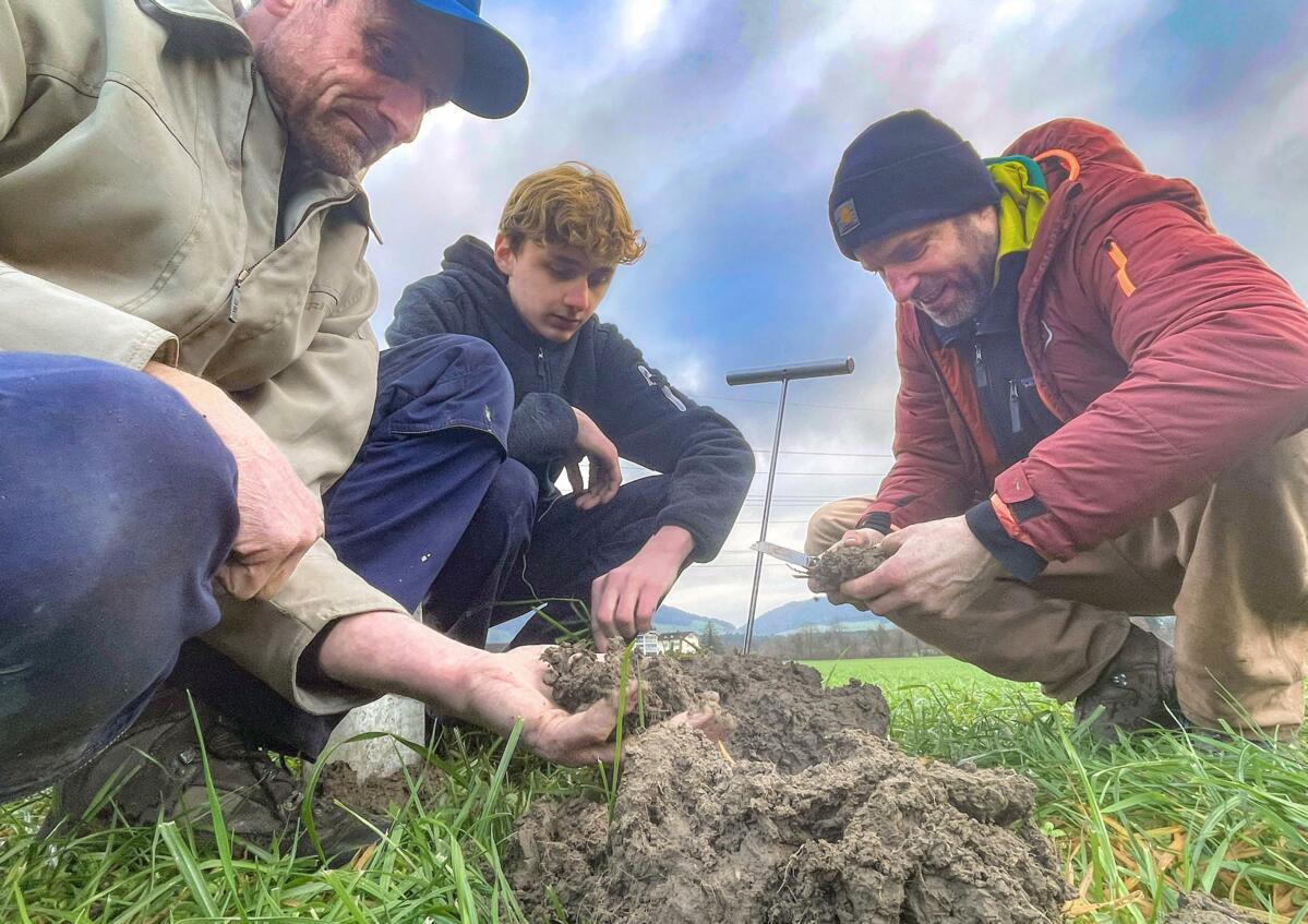Tief reichende Wurzeln, krümelige Struktur, rege Regenwurmaktivität – die Spatenprobe bestätigt, was Landwirt Bruno Feierabend, sein Sohn und Lohnuntern...