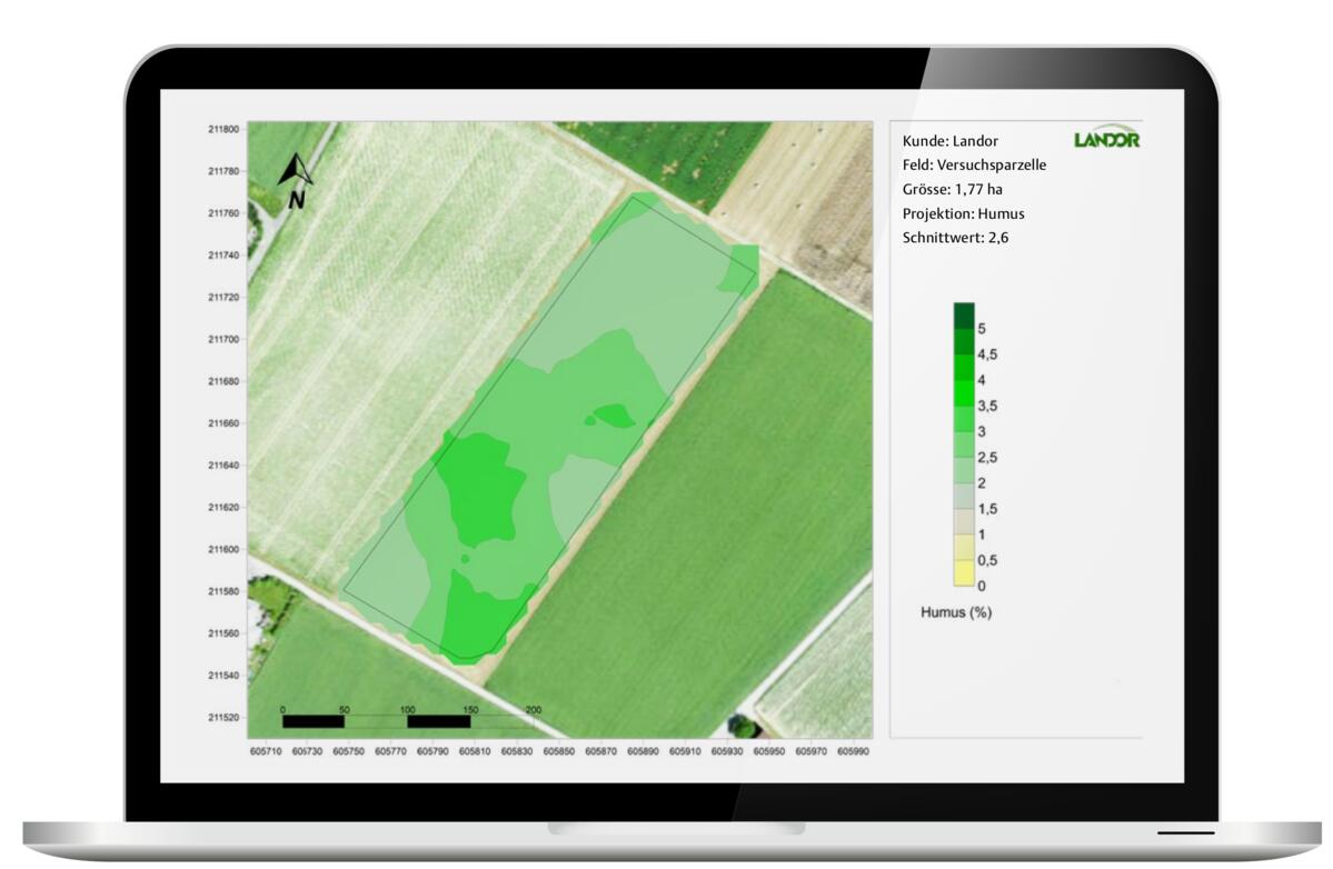 Eine Bodenkarte (hier Landor TerraScan) zeigt die Flächen-Variabilität des Humusgehalts.
